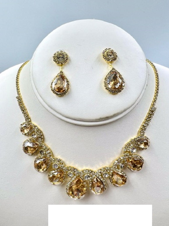 GOLD NECKLACE SET BROWN DROP CLEAR STONES ( 017 2BR )