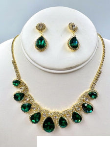 GOLD NECKLACE SET EMERALD GREEN DROP CLEAR STONES ( 017 2EM )