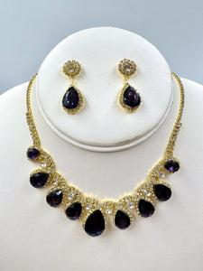 GOLD NECKLACE SET PURPLE DROP CLEAR STONES ( 017 2PU )