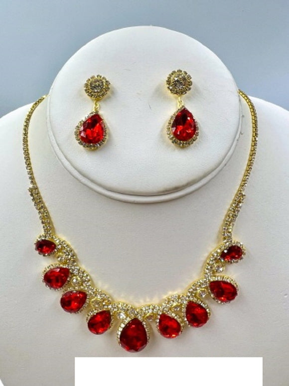 GOLD NECKLACE SET RED DROP CLEAR STONES ( 017 2RD )