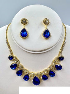 GOLD NECKLACE SET BLUE DROP CLEAR STONES ( 017 2SP )