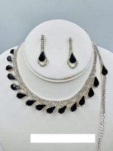 SILVER NECKLACE SET TEARDROPS CLEAR BLACK STONES BRACELET ( 013 1BK )