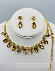 GOLD NECKLACE SET CLEAR BROWN STONES BRACELET ( 014 2BR )