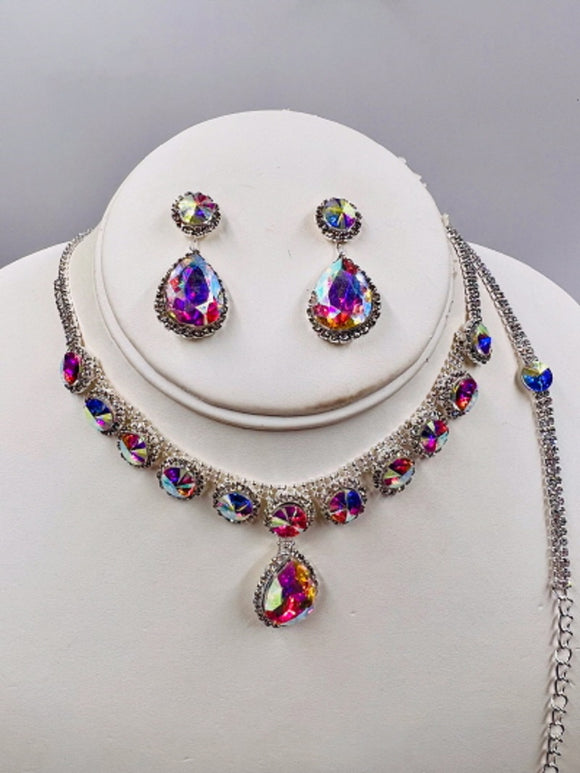 SILVER NECKLACE SET AB CLEAR STONES ( 020 1AB )