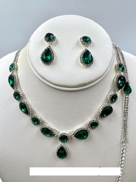 SILVER NECKLACE SET GREEN CLEAR STONES ( 020 1EM )