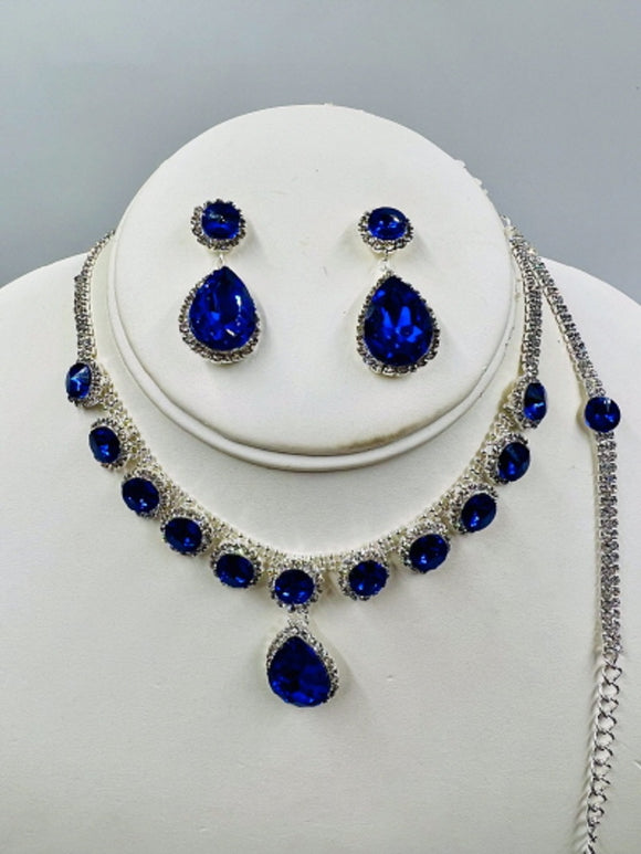 SILVER NECKLACE SET BLUE CLEAR STONES ( 020 1SP )