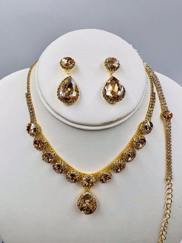 GOLD NECKLACE SET BROWN CLEAR STONES ( 020 2BR )