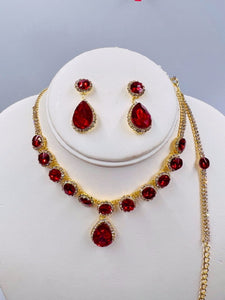 GOLD NECKLACE SET RED CLEAR STONES ( 020 2RD )