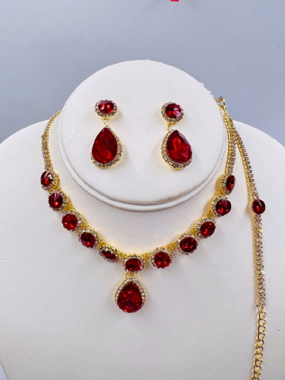 GOLD NECKLACE SET RED CLEAR STONES ( 020 2RD )