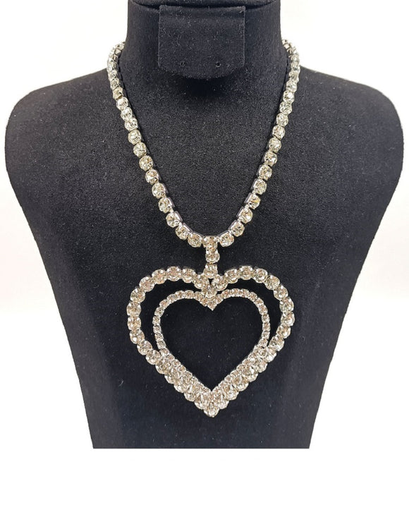 SILVER HEART NECKLACE CLEAR STONES ( 0594 1C )