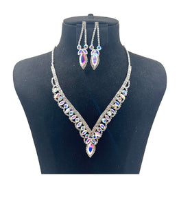 SILVER NECKLACE SET AB CLEAR STONES ( 0731 1X )