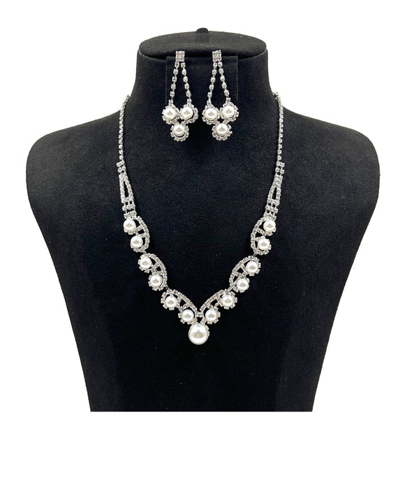 RHINESTONE PEARL NECKLACE SET ( 0815 1WH )