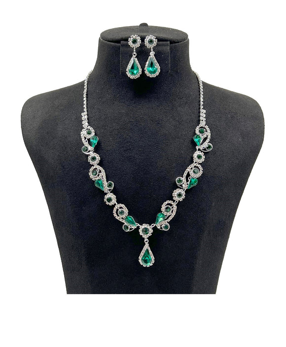 SILVER NECKLACE SET CLEAR GREEN STONES ( 0818 1G )