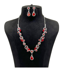 SILVER NECKLACE SET CLEAR RED STONES ( 0818 1R )