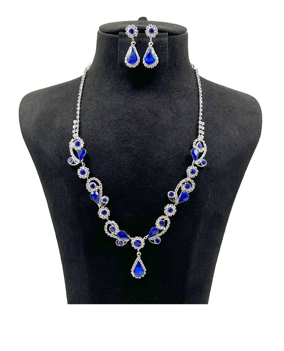 SILVER NECKLACE SET CLEAR BLUE STONES ( 0818 1S )