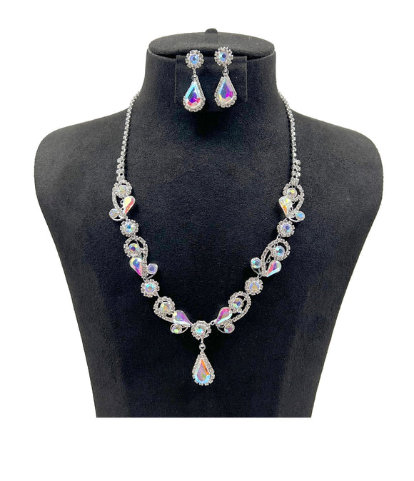 SILVER NECKLACE SET CLEAR AB STONES ( 0818 1X )
