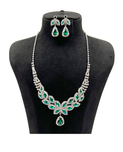 SILVER NECKLACE SET CLEAR GREEN STONES ( 0850 1G )