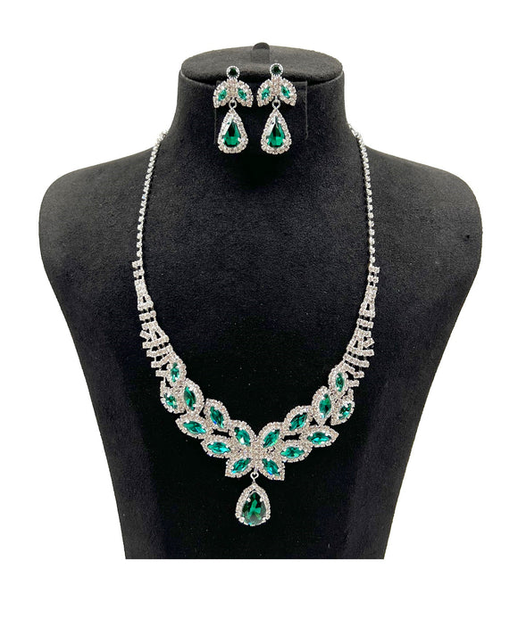 SILVER NECKLACE SET CLEAR GREEN STONES ( 0850 1G )