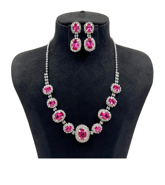 SILVER NECKLACE SET CLEAR FUCHSIA STONES ( 0851 1F )