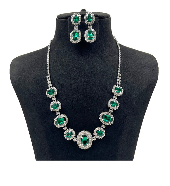 SILVER NECKLACE SET CLEAR GREEN STONES ( 0851 1G )