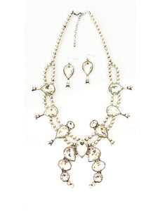 CRYSTAL SQUASH BLOSSOM METAL PEARL NECKLACE SET ( 2297 SBCR1 )