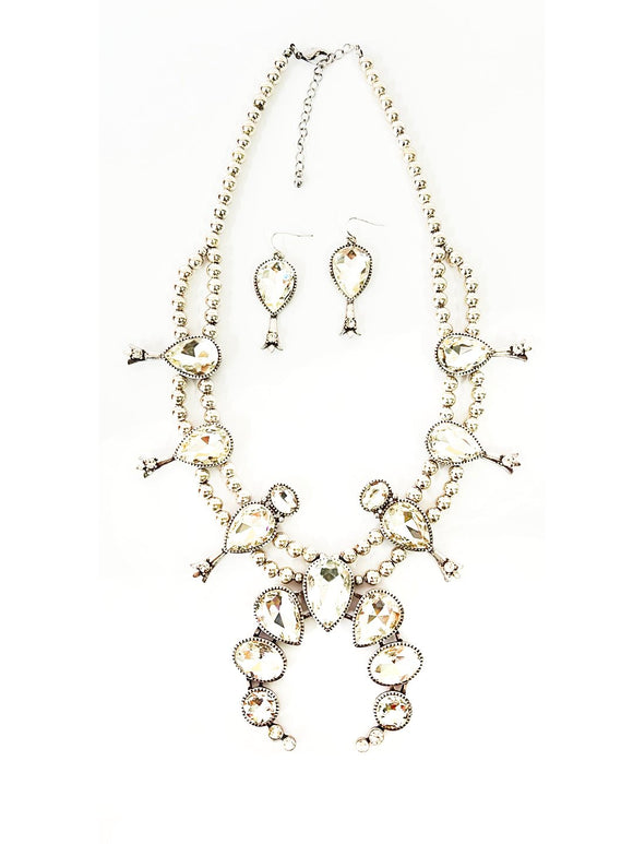 CRYSTAL SQUASH BLOSSOM METAL PEARL NECKLACE SET ( 2297 SBCR1 )