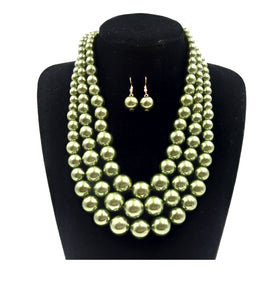 OLIVE GREEN 3 Layer Graduating Pearl Necklace ( 0058 2OL )