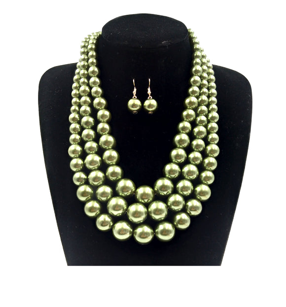 OLIVE GREEN 3 Layer Graduating Pearl Necklace ( 0058 2OL )