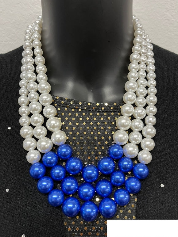 WHITE ROYAL BLUE 3 Layer Graduating Pearl Necklace ( 0058 3WHRB )
