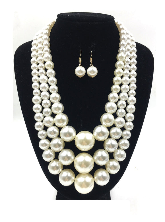 GOLD CREAM Pearl Beaded Multi Size 3 Layer Necklace with Earrings ( 0059 2CR )