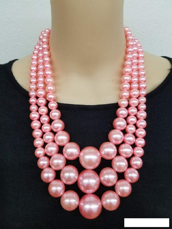 Pink Pearl Beaded Multi Size 3 Layer Necklace Earrings ( 0059 3PK )