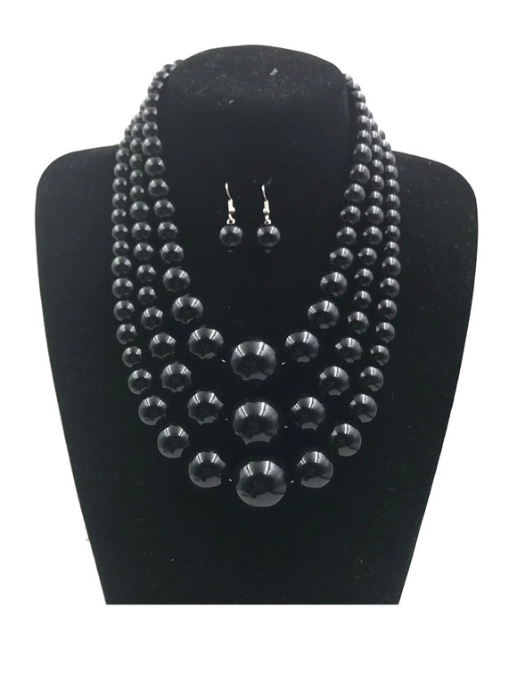 BLACK Pearl Beaded Multi Size 3 Layer Necklace with Earrings ( 0059 3BK )
