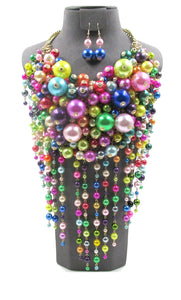 Gold Multicolor Fun Bubble Waterfall Pearl Statement Necklace ( 0075-2 MT1 )