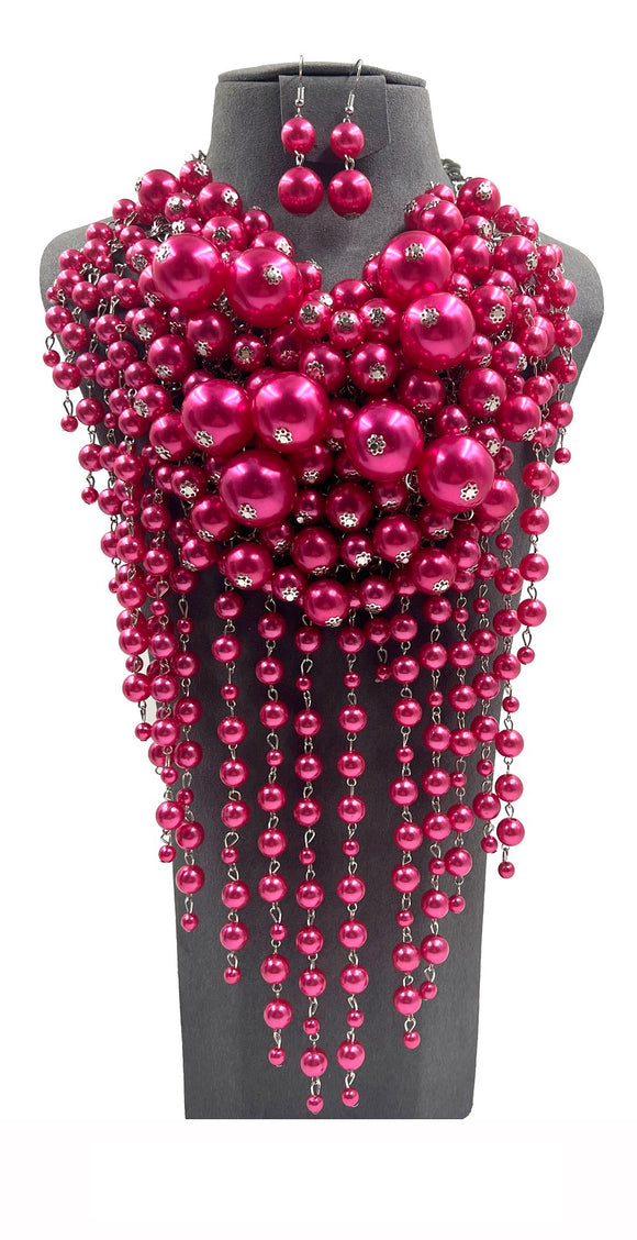 Fuchsia Fun Bubble Waterfall Pearl Statement Necklace matching Earrings ( 0075 3FU )