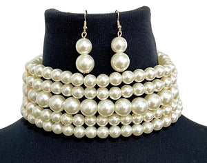 CREAM PEARL CHOKER NECKLACE SET ( 0108 2CR )