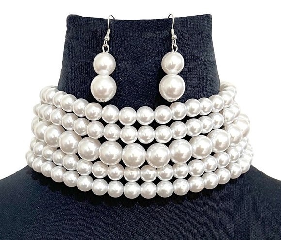 WHITE PEARL CHOKER NECKLACE SET ( 0108 3WH )