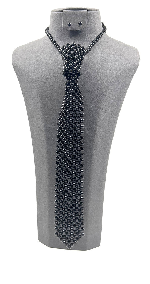 BLACK PEARL TIE NECKLACE SET ( 0109 3BK )