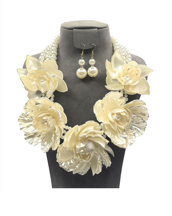 CREAM PEARL FLOWER NECKLACE SET ( 0196 2CR )