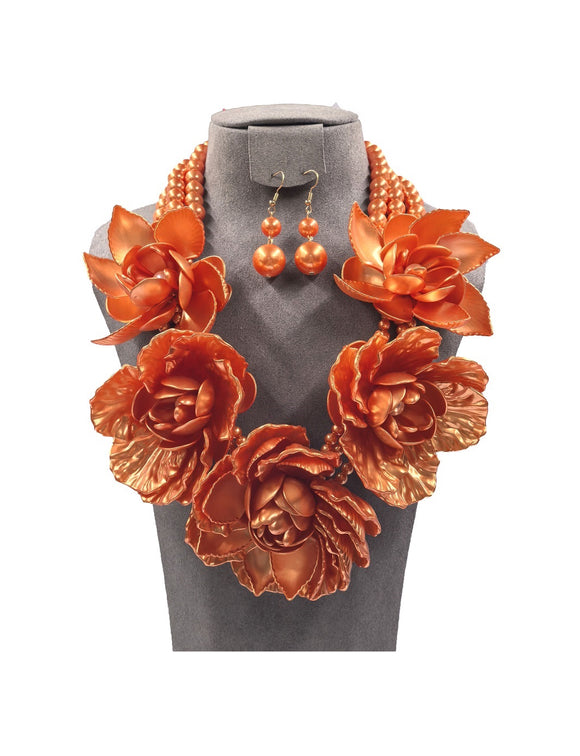 ORANGE PEARL FLOWER NECKLACE SET ( 0196 2OR )