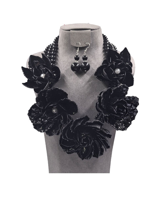 BLACK PEARL FLOWER NECKLACE SET ( 0196 3BK )