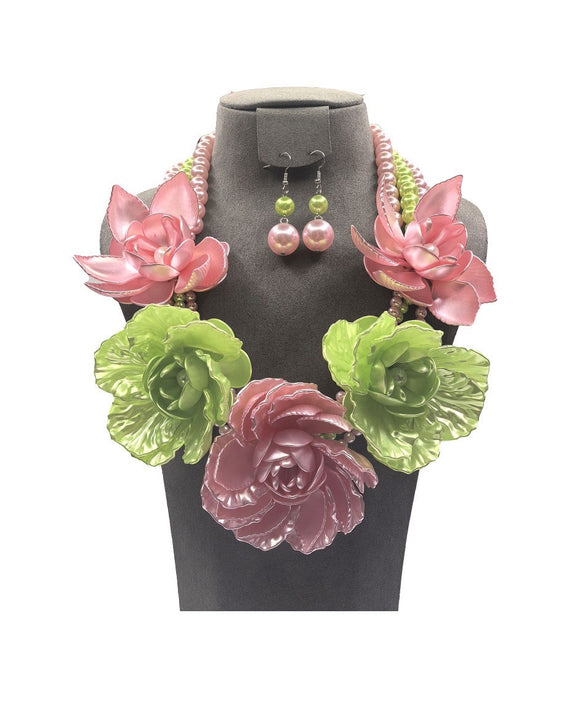 PINK GREEN PEARL FLOWER NECKLACE SET ( 0196 3PKGR )