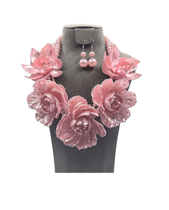 PINK PEARL FLOWER NECKLACE SET ( 0196 3PK )