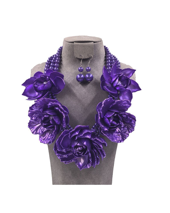 PURPLE PEARL FLOWER NECKLACE SET ( 0196 3PU )