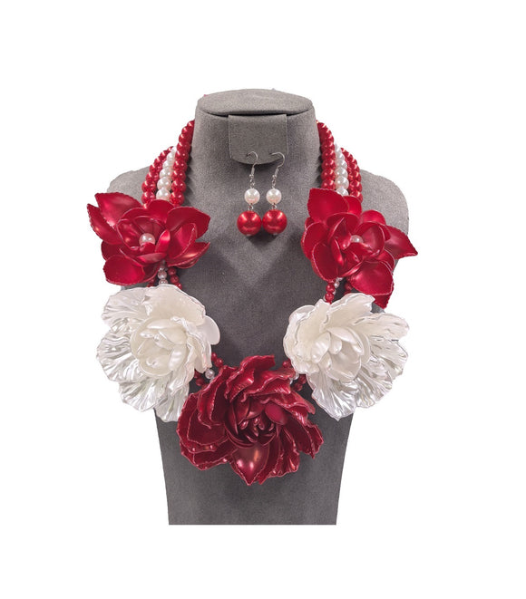 RED WHITE PEARL FLOWER NECKLACE SET ( 0196 3RDWH )