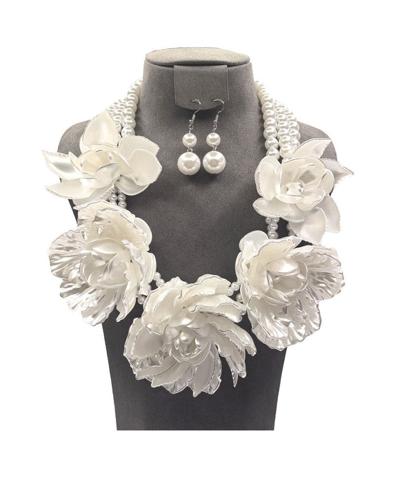 WHITE PEARL FLOWER NECKLACE SET ( 0196 3WH )
