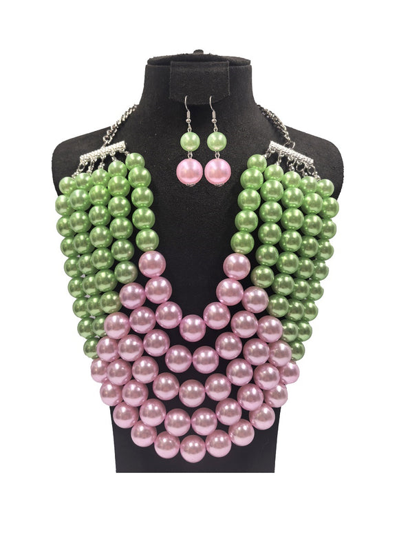 PINK GREEN 5 LINE PEARL NECKLACE SET ( 0202 3PKGR )