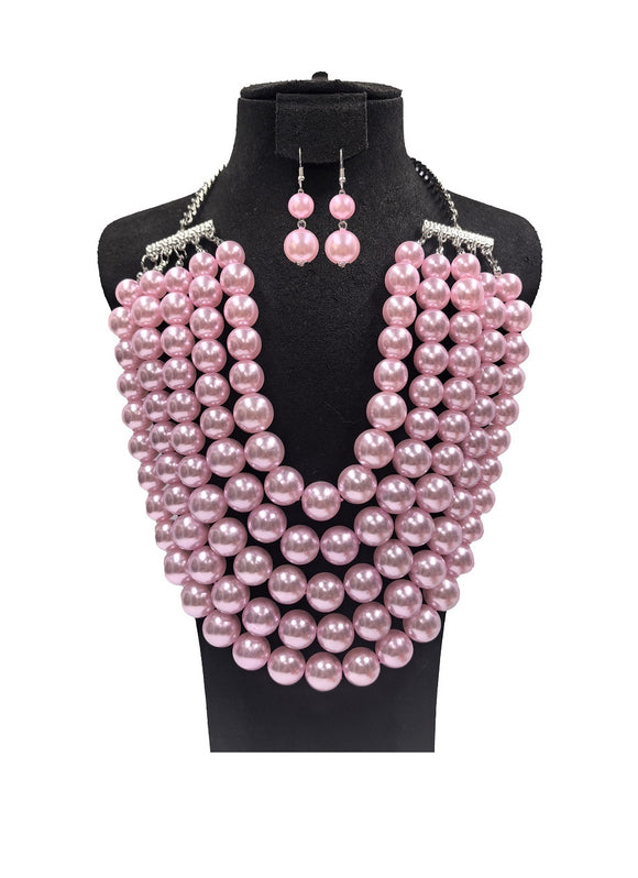 PINK 5 LINE PEARL NECKLACE SET ( 0202 3PK )