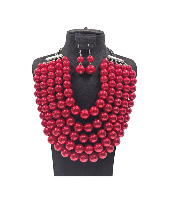 RED 5 LINE PEARL NECKLACE SET ( 0202 3RD )