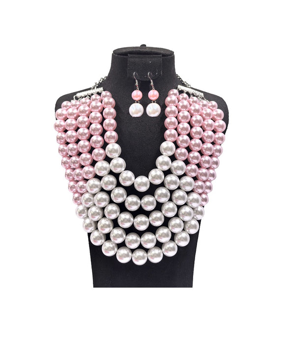 WHITE PINK 5 LINE PEARL NECKLACE SET ( 0202 3WHPK )