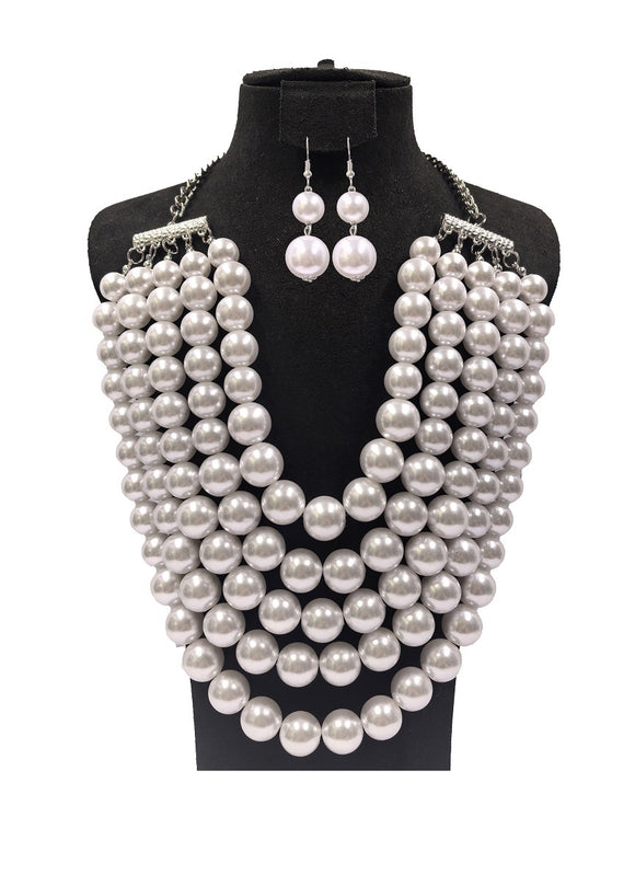 WHITE 5 LINE PEARL NECKLACE SET ( 0202 3WH )